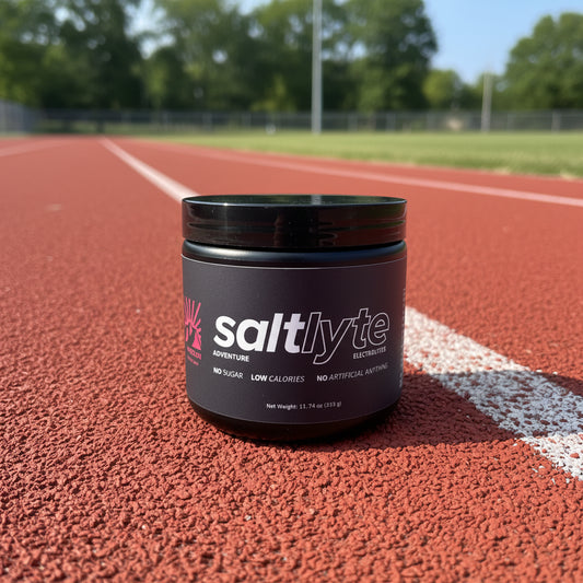 Jar of saltlyte on a wooden surface with a blurred background