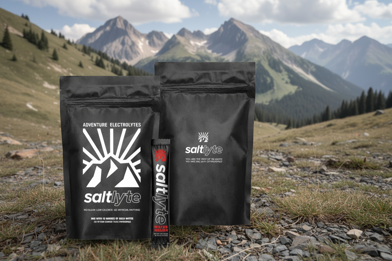 Saltlyte electrolyte powder packages on a mountain background