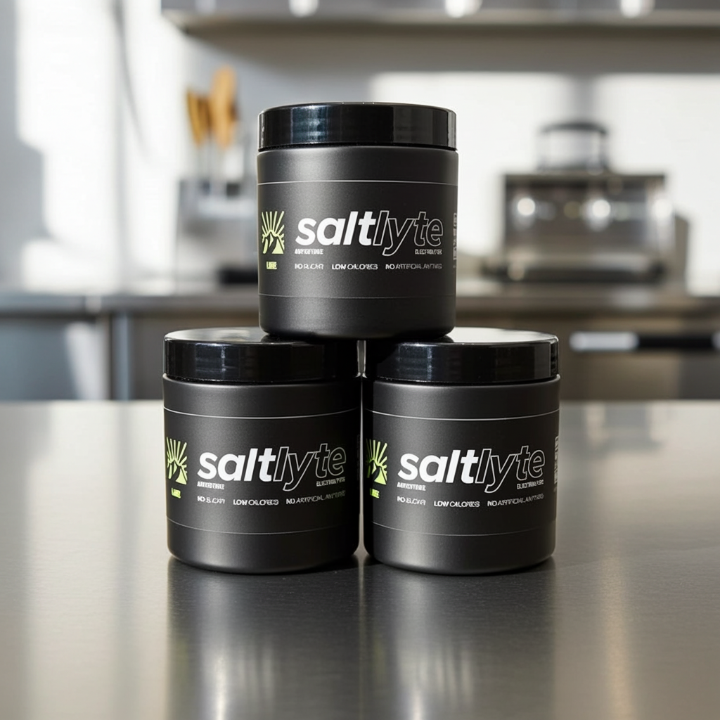 Three black containers labeled 'saltlyte' on a reflective surface with a kitchen background.
